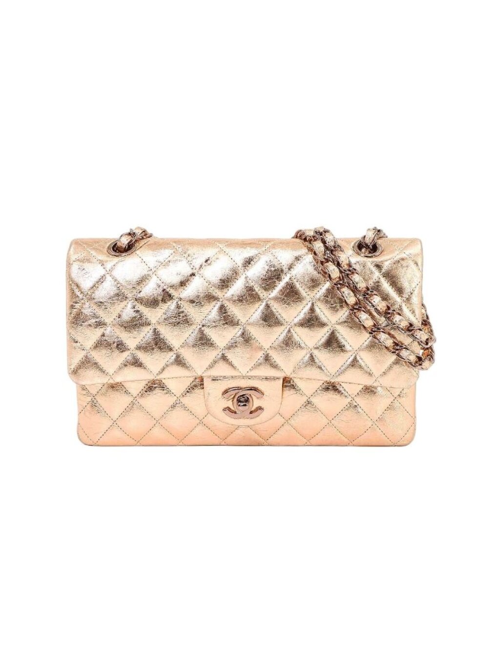Chanel Quilted 25 Chain Shoulder Bag Leather Metallic Pink Gold Limited